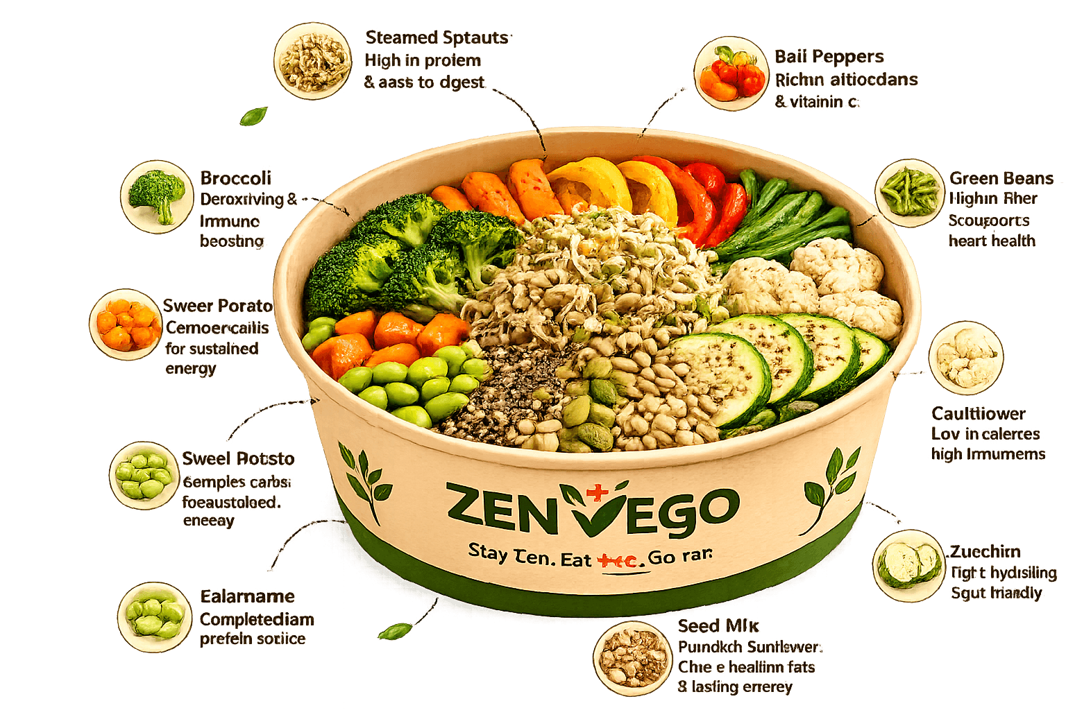 A Zenvego bowl packed with steamed sprouts, broccoli, peppers, zucchini, cauliflower and a seed mix